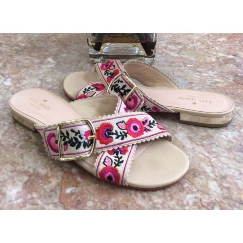 Kate Spade Faris Multicolor Floral‎ Embroidery Slide Sandals Size 9M EUC, $198